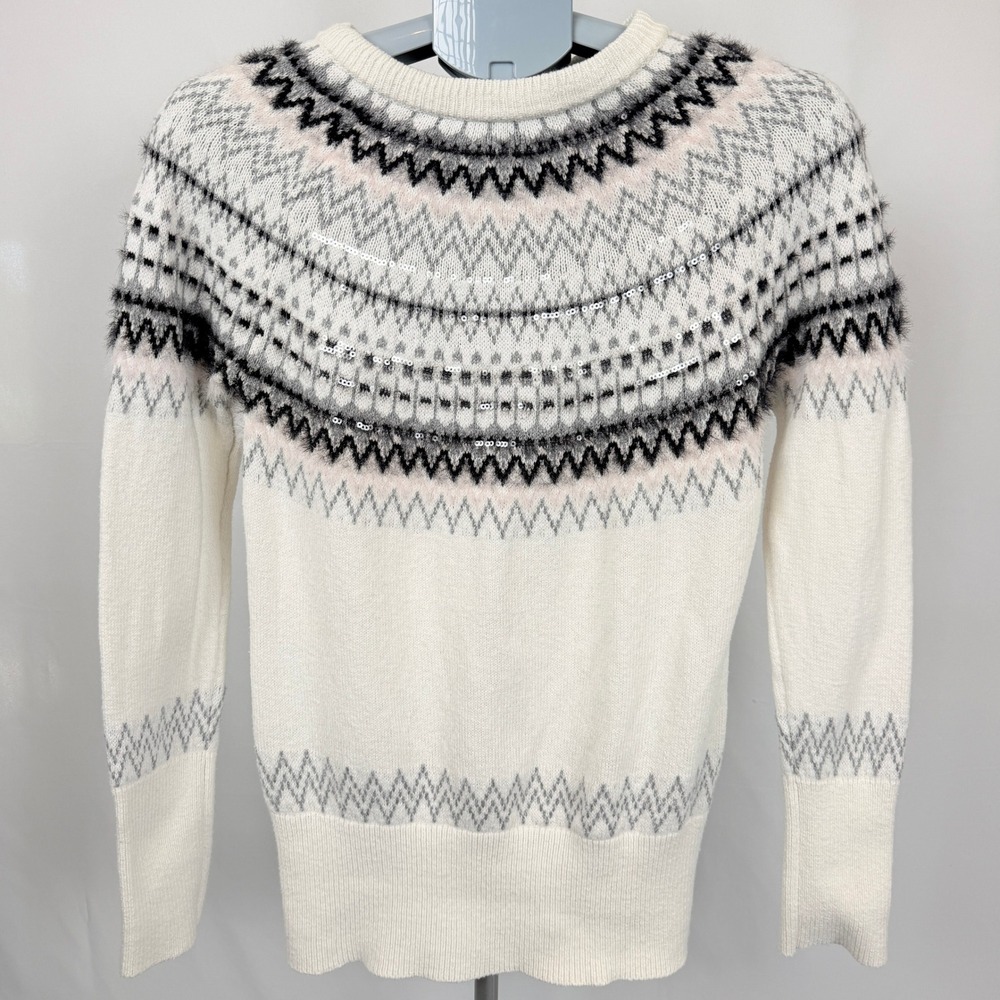 Tommy Hilfiger Fair Isle Sweater Womens Small Ivory Sequin Nordic Eyelash Knit